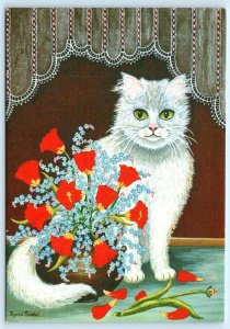 INGRID SEIDEL Artist Signed KATZEN II Cat Flowers Lacy Curtain 4x6 Postcard