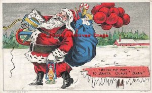 Christmas, Gray Litho No 949, Red Suit Santa with Large Load of Toys for Barn