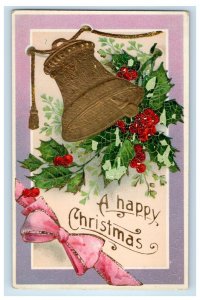 Christmas Greetings Bell Holly Berries Ribbon Gel Gold Gilt Germany Postcard