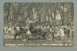 Ulysses NEBRASKA RPPC 1911 TAXI CAB Auto FARMERS PICNIC nr York Seward Lincoln