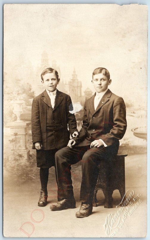 c1910s Chicago, IL Handsome Boys Brother RPPC Smile Real Photo PC Heinemann A122