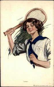 Beautiful Woman Tennis Racket Blue Kerchief LOVE c1910 Postcard