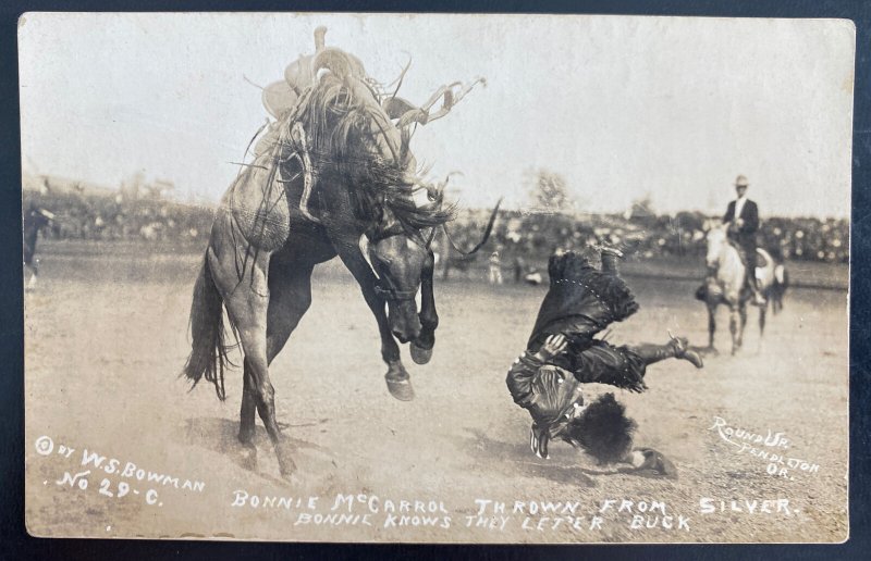 Mint USA RPPC Postcard Cowgirl Bonnie McCarrol Thrown From Silver Browman Photo