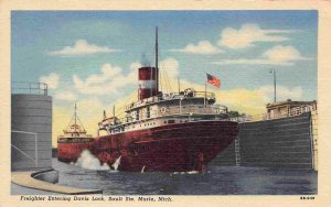 Steamer Freighter Entering Davis Lock Sault Ste Marie Michigan linen postcard