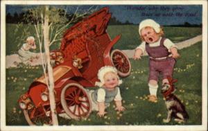 Babies Crash Old Car Comic c1910 Postcard