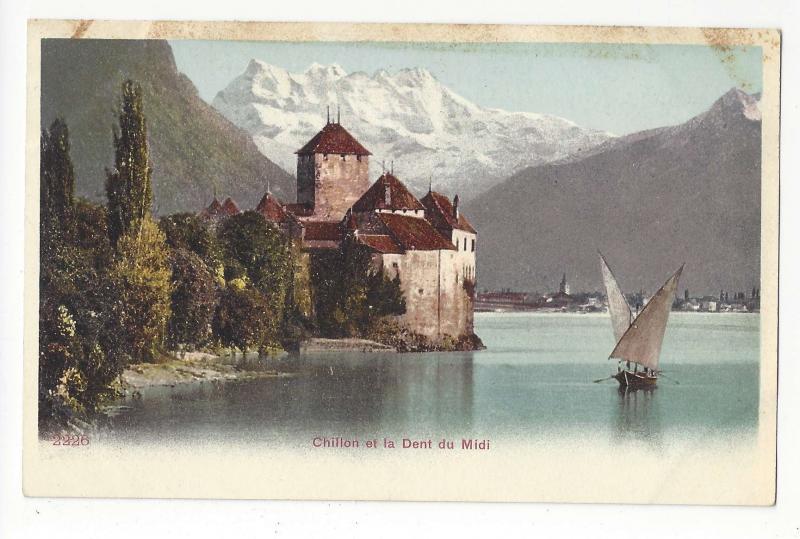 Switzerland Chateau Chillon Castle Dent du Midi Sailboat Vtg UDB Postcard c1905