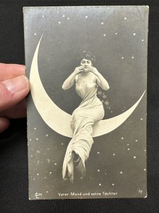 Paper Moon RPPC Early 1900’s Woman Sitting On Moon In Studio