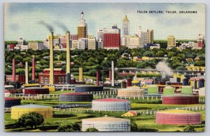 Tulsa Oklahoma~City Skyline View~Smokestacks~Skyscrapers~Linen 1946 Postcard