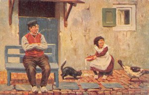 A203 Comic Humor 1908 Woman Spilling Milk Cat Duck Man Smoke Cigarette postcard