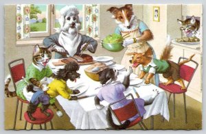 Dressed Dogs cats Mainzer Dinner Fight Comic Humor NO. 4924 Postcard K46