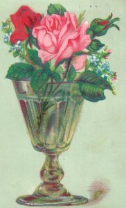 Victorian Trade Card Landis E Snyder All Kinds of Cards, Roses Flowers Glass D1