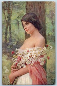 c1930's Pretty Woman With Flowers Forest Scene Unposted Vintage Postcard