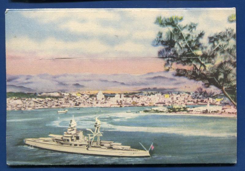 San Diego California ca skyline aircraft carrier Municipal Pier postcard folder