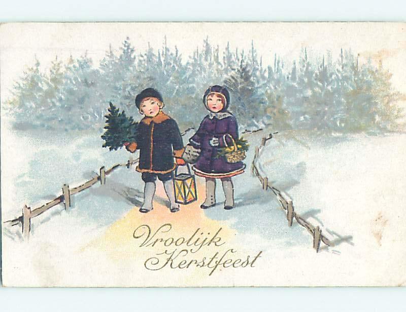 Pre-Linen foreign GIRL AND BOY WITH LANTERN AND LITTLE CHRISTMAS TREE HL8724