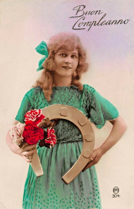 BUON COMPLEANNO-BEAUTIFUL YOUNG WOMAN-GREEN DRES-HORSESHOE~FRENCH PHOTO POSTCARD