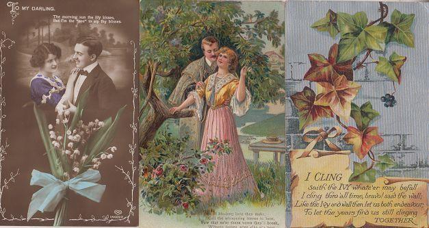 Lovers Mistletoe Christmas Clinging To Ivy 3x Shiny Antique Postcard Bundle