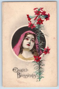 Easter Postcard Blessings Woman Hand Painted Art Flowers c1910's Posted Antique