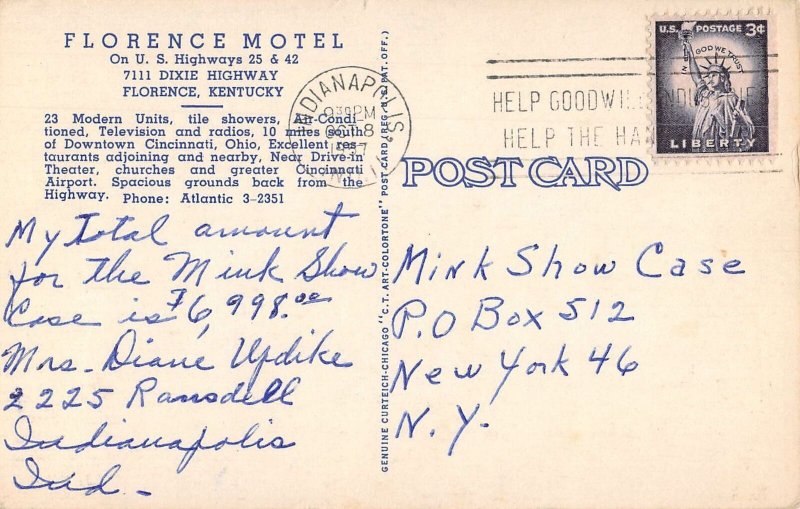 Florence Kentucky Florence Motel Linen Vintage Postcard AA39733