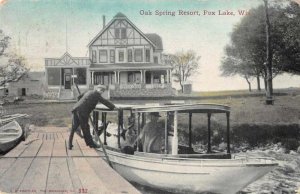 Fox Lake Wisconsin Oak Spring Resort Boat at Pier Vintage Postcard AA641