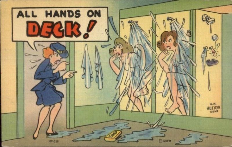 WWII Army Women Nude Shower Comic Linen Postcard