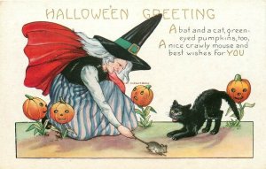 Halloween, Witch Grabbing Mouse by tail, Black Cat, Jol