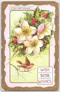 Vintage Embossed Christmas Postcard with Bird & Holly - Germany Print