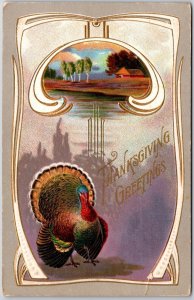 Thanksgiving Greetings Turkey & House Trees Landscape Postcard