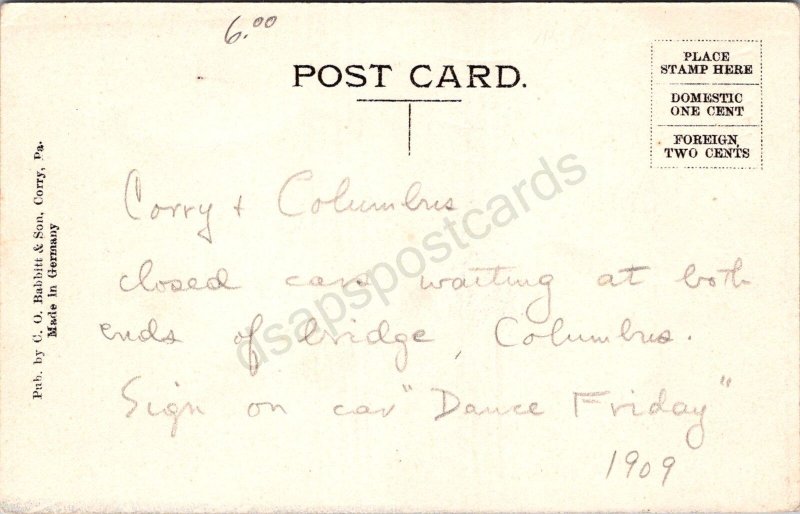 K14/ Columbus Pennsylvania Postcard c1910 Trolley Approach Bridge 272