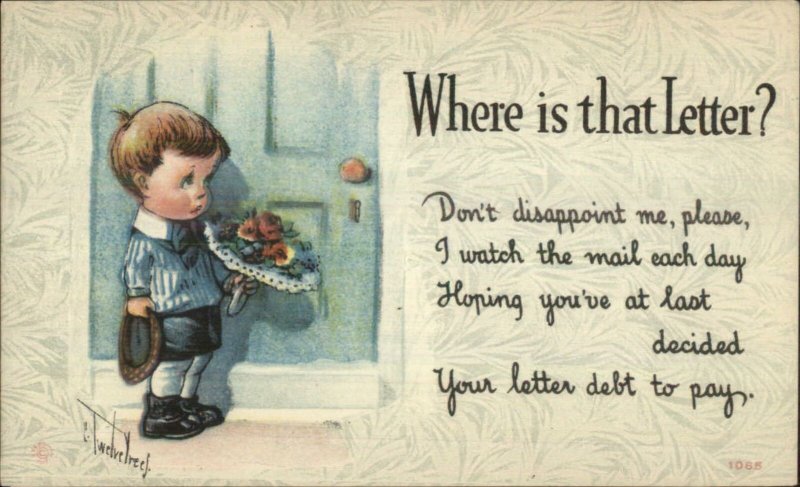 Charles Twelvetrees Little Boy at Door w/ Flowers c1915 Postcard
