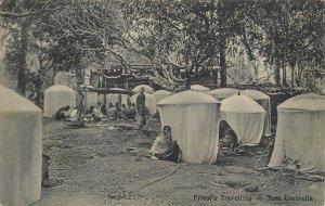 Travelling priests umbrella tents North Africa vintage postcard