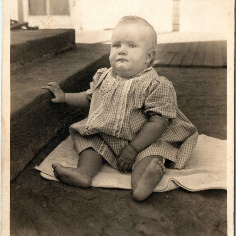 c1910s Cute Fat Baby Boy RPPC Sit Outdoor House Real Photo Richard Hunt ID? A142