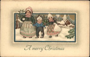 Christmas Little Dutch Children in Snow c1910 Vintage Postcard
