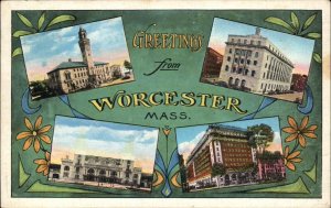 Worcester Massachusetts MA Greetings Landmarks c1920 Vintage Postcard