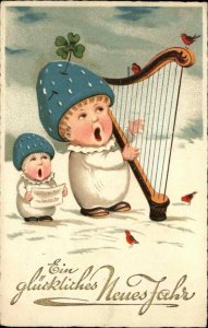 New Year Fantasy Mushroom Hat Child Sing Play Harp c1930 Postcard #1412