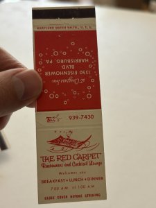 Vintage Matchbook Cover THE RED CARPET Restaurant Harrisburg, Pennsylvania MB71