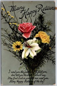 Many Happy Returns Flower Bouquet With Message Greetings Wishes Card Postcard