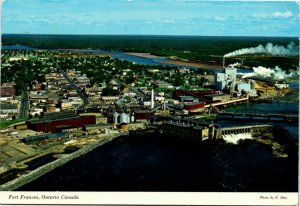Postcard ON Fort Frances Rainy River Bridges Aerial View Factory 1980 K55