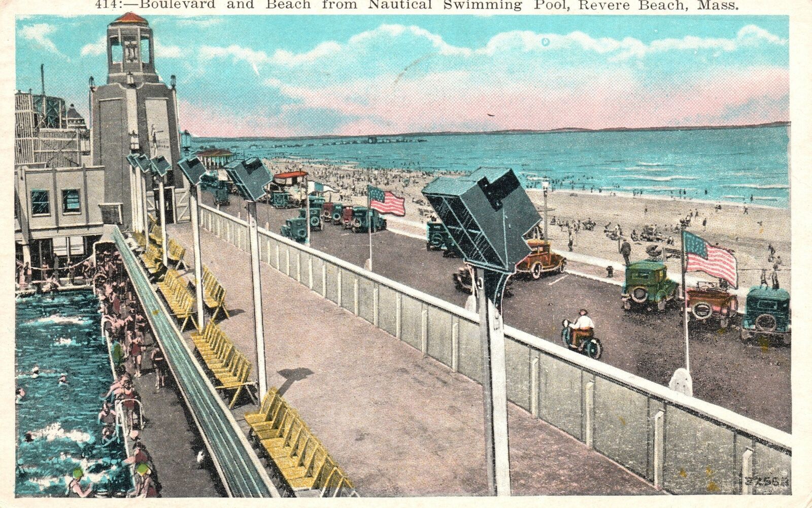 Vintage Postcard 1934 Blvd And Beach Nautical Swimming Pool Revere Beach Mass Ma United States 5590