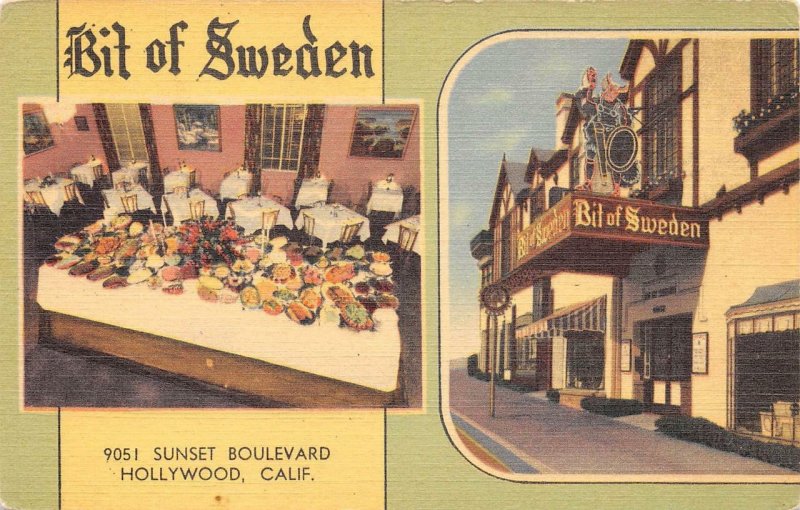 BIT OF SWEDEN Hollywood, California Sunset Boulevard Restaurant Postcard c1940s