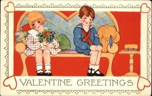 VALENTINE ART DECO Little Boy and Girl on Love Seat Bench c1910 Postcard