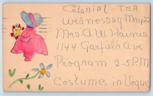 Pasadena California Postcard Hand Drawn Art Girl With Flowers Colonial Tea 1929