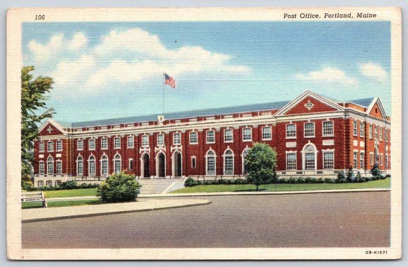 Post Office Portland Maine ME Front Building Landscape Flagpole Postcard