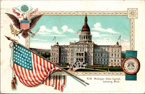 Patriotic Postcard State Capitol Building in Lansing, Michigan Seal and Flag