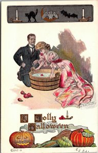 Vintage Lounsbury Victorian Man, Woman,Cat, Owl & JOL Antique Halloween Postcard