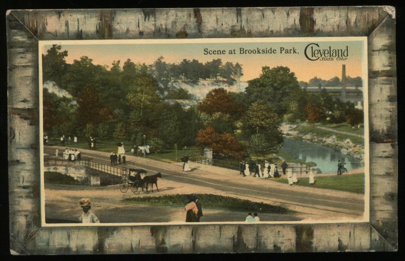 Scene at Brookside Park, Cleveland, OH. 1914 Braun Co. postcard. Bark frame
