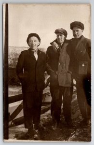 Three Young Men On Bridge One With Camera Case RPPC Real Photo Postcard L24