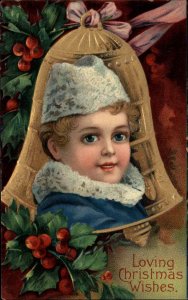 Christmas Little Boy Big Blue Eyes Winter Hat Bell Border c1910 Vintage Postcard