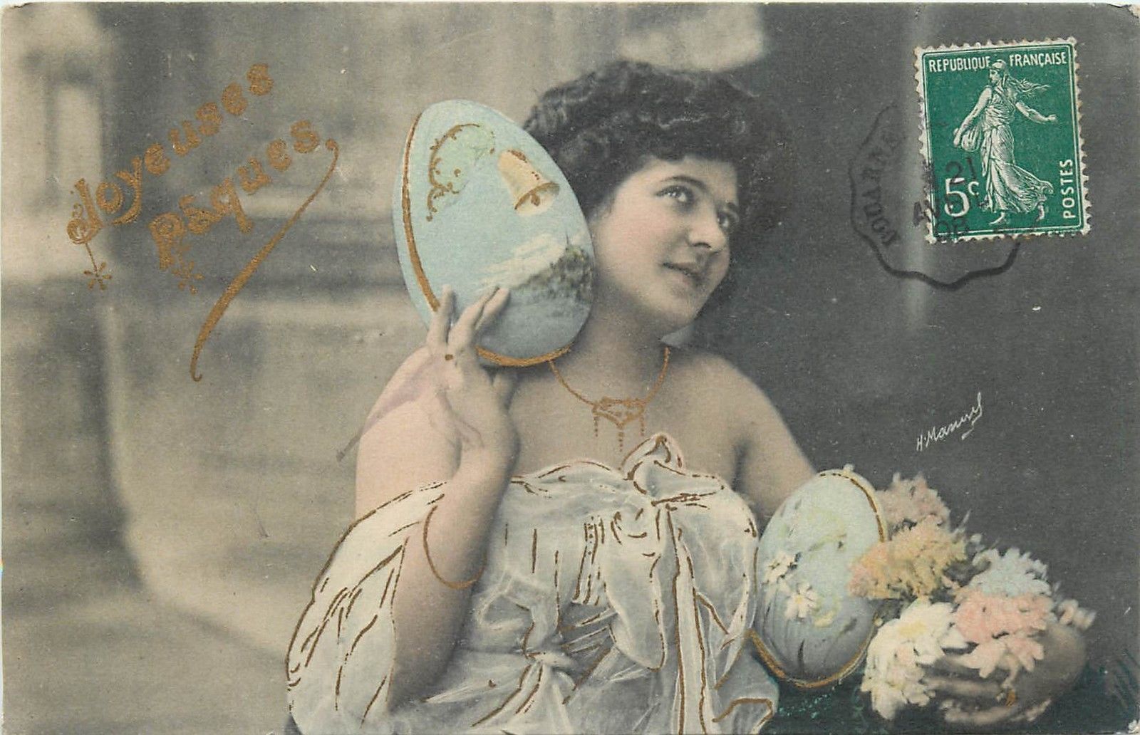 Easter Greetings Vintage Postcard Joyeuses Paques Woman Eggs 1908 Artist Signed Hippostcard