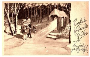Herzliche Weihnachts Grusse Merry Christmas Children Snow Scene German Postcard
