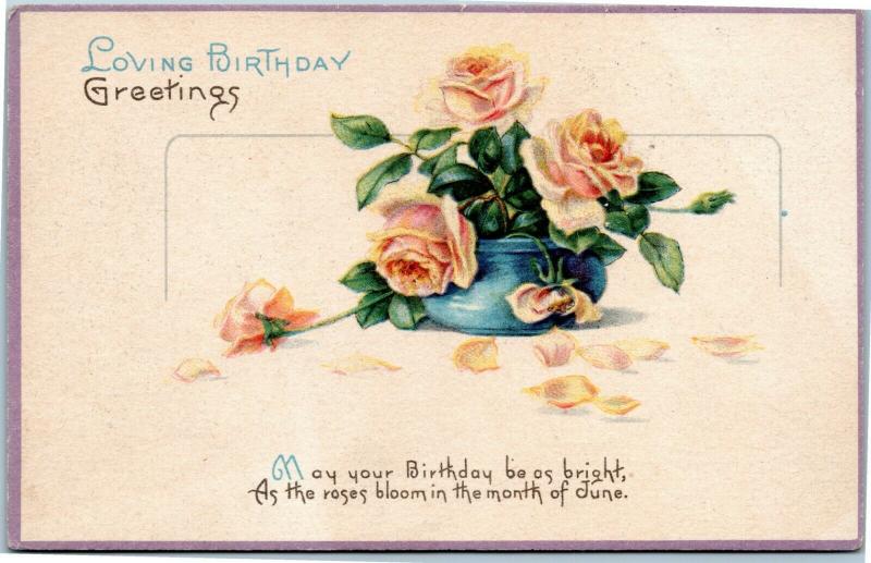 Loving Birthday Greetings  blue vase with roses - birthday as bright as bloom